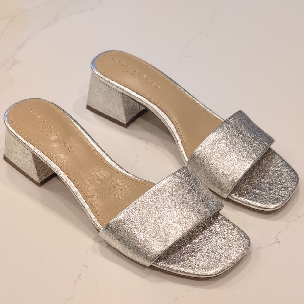 Marc Fisher Silver Leather Block Heel Slide Sandals